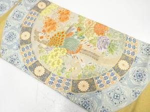 絵皿に孔雀・草花模様織り出し　袋帯